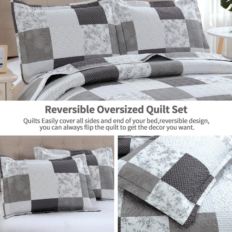 JessyHome Morden Lightweight Queen Bedspread - Floral & Plaid Reversible Quilt Set - Grey & Black White Paisley & Floral Pattern - Image 5